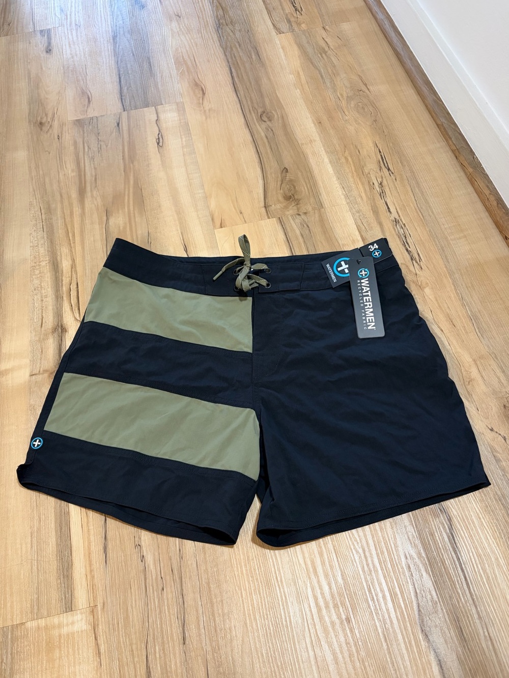 Watermen Black & Olive Striped Board Shorts